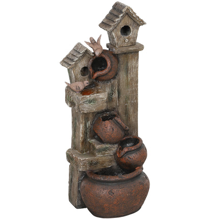 2-in-1 Resin Waterfall Fountain with Birdhouse and LED Lights, Tree Trunk Design - Multi-colour