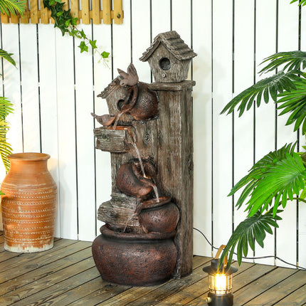 2-in-1 Resin Waterfall Fountain with Birdhouse and LED Lights, Tree Trunk Design - Multi-colour
