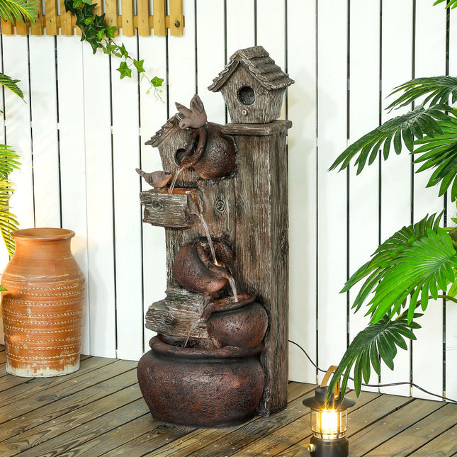 2-in-1 Resin Waterfall Fountain with Birdhouse and LED Lights, Tree Trunk Design - Multi-colour
