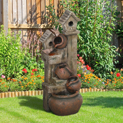 2-in-1 Resin Waterfall Fountain with Birdhouse and LED Lights, Tree Trunk Design - Multi-colour