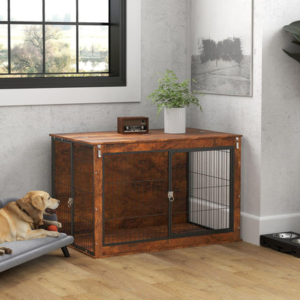 Extra Large Dog Crate Furniture with Flip-Up Top and 2 Doors - Rustic Brown