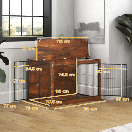 Extra Large Dog Crate Furniture with Flip-Up Top and 2 Doors - Rustic Brown