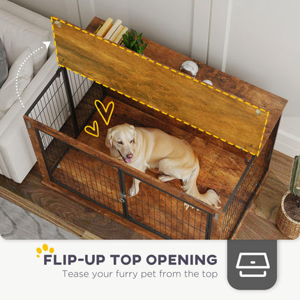 Extra Large Dog Crate Furniture with Flip-Up Top and 2 Doors - Rustic Brown