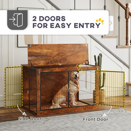 Extra Large Dog Crate Furniture with Flip-Up Top and 2 Doors - Rustic Brown