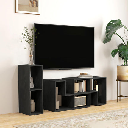Extendable TV Stand for TVs up to 75 Inches with Storage Shelves and Modular Design - Black Wood Grain