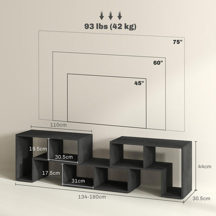 Extendable TV Stand for TVs up to 75 Inches with Storage Shelves and Modular Design - Black Wood Grain
