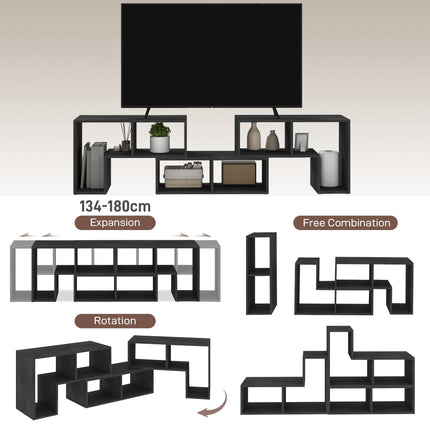 Extendable TV Stand for TVs up to 75 Inches with Storage Shelves and Modular Design - Black Wood Grain