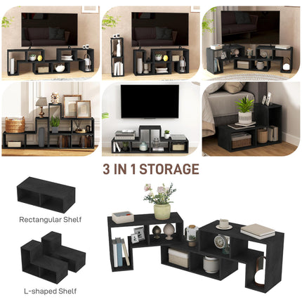 Extendable TV Stand for TVs up to 75 Inches with Storage Shelves and Modular Design - Black Wood Grain