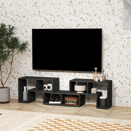 Extendable TV Stand for TVs up to 75 Inches with Storage Shelves and Modular Design - Black Wood Grain