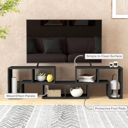 Extendable TV Stand for TVs up to 75 Inches with Storage Shelves and Modular Design - Black Wood Grain