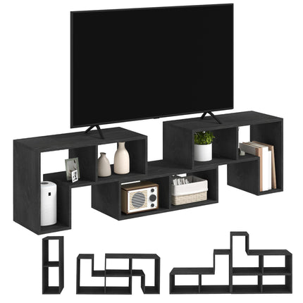Extendable TV Stand for TVs up to 75 Inches with Storage Shelves and Modular Design - Black Wood Grain
