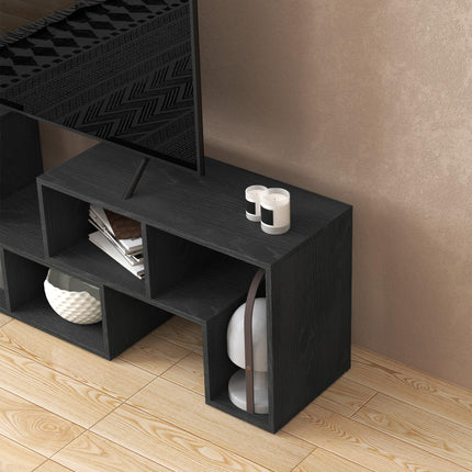 Extendable TV Stand for TVs up to 75 Inches with Storage Shelves and Modular Design - Black Wood Grain