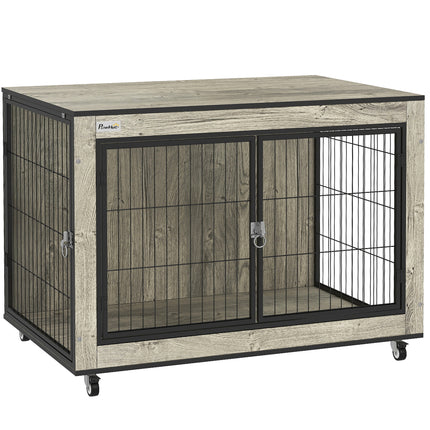 Dog Crate Furniture with Wheels and Double Doors for Medium Dogs 80x56x62.5cm - Grey
