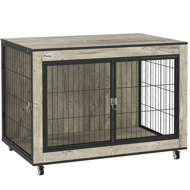 Dog Crate Furniture with Wheels and Double Doors for Medium Dogs 80x56x62.5cm - Grey