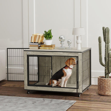Dog Crate Furniture with Wheels and Double Doors for Medium Dogs 80x56x62.5cm - Grey