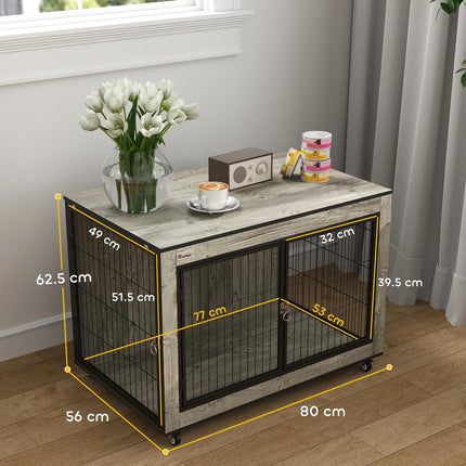 Dog Crate Furniture with Wheels and Double Doors for Medium Dogs 80x56x62.5cm - Grey