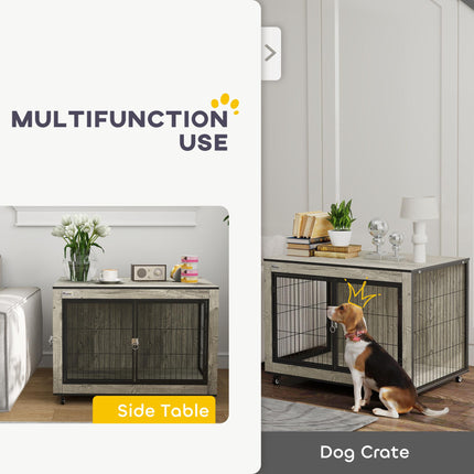 Dog Crate Furniture with Wheels and Double Doors for Medium Dogs 80x56x62.5cm - Grey