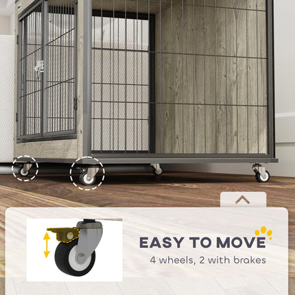 Dog Crate Furniture with Wheels and Double Doors for Medium Dogs 80x56x62.5cm - Grey