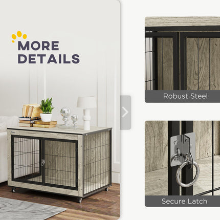 Dog Crate Furniture with Wheels and Double Doors for Medium Dogs 80x56x62.5cm - Grey