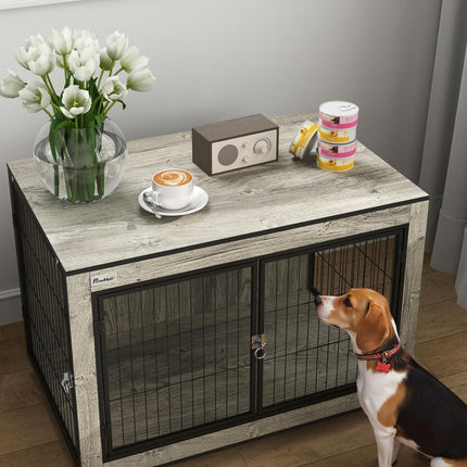 Dog Crate Furniture with Wheels and Double Doors for Medium Dogs 80x56x62.5cm - Grey