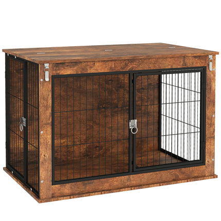 Large Dog Crate Furniture with Flip-up Top & 2 Doors - Rustic Brown