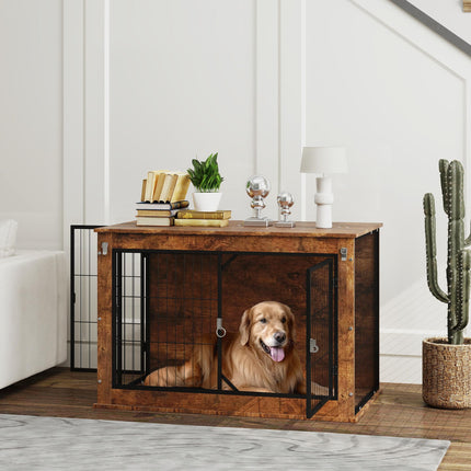 Large Dog Crate Furniture with Flip-up Top & 2 Doors - Rustic Brown