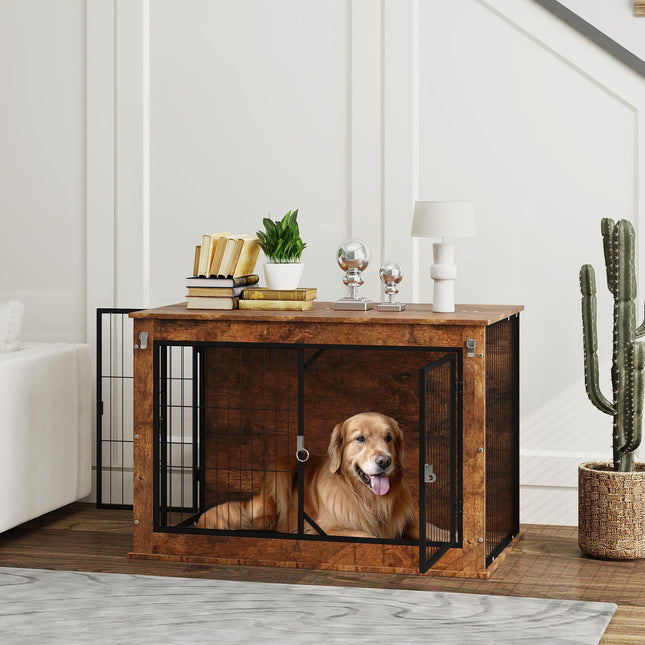 Large Dog Crate Furniture with Flip-up Top & 2 Doors - Rustic Brown