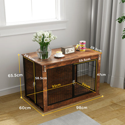Large Dog Crate Furniture with Flip-up Top & 2 Doors - Rustic Brown