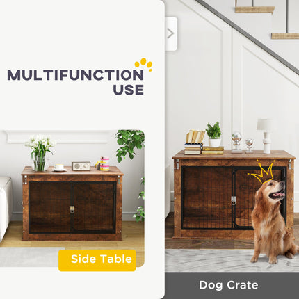 Large Dog Crate Furniture with Flip-up Top & 2 Doors - Rustic Brown