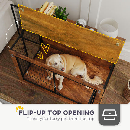 Large Dog Crate Furniture with Flip-up Top & 2 Doors - Rustic Brown