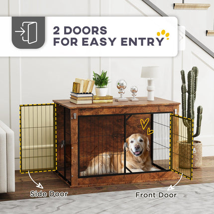 Large Dog Crate Furniture with Flip-up Top & 2 Doors - Rustic Brown