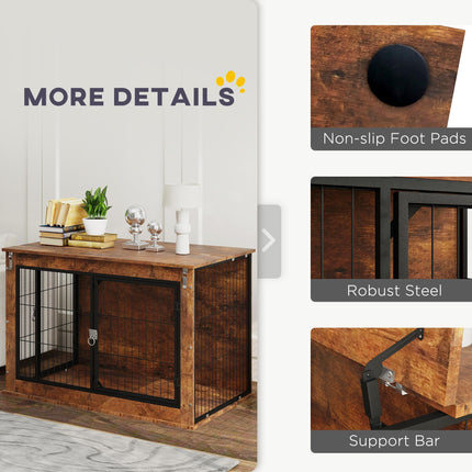 Large Dog Crate Furniture with Flip-up Top & 2 Doors - Rustic Brown