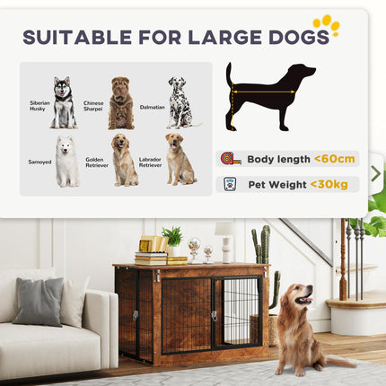 Large Dog Crate Furniture with Flip-up Top & 2 Doors - Rustic Brown