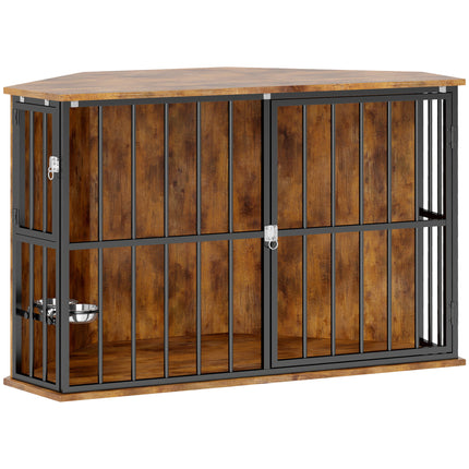 Corner Dog Crate Furniture with Lockable Doors and 2 Bowls for Small Medium Dogs - Rustic Brown