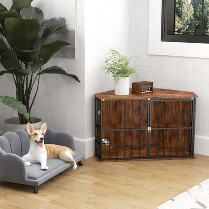Corner Dog Crate Furniture with Lockable Doors and 2 Bowls for Small Medium Dogs - Rustic Brown