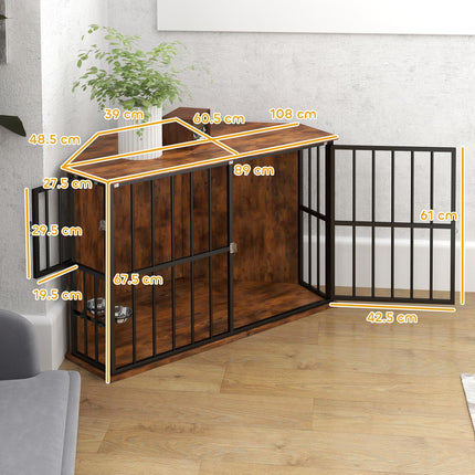 Corner Dog Crate Furniture with Lockable Doors and 2 Bowls for Small Medium Dogs - Rustic Brown