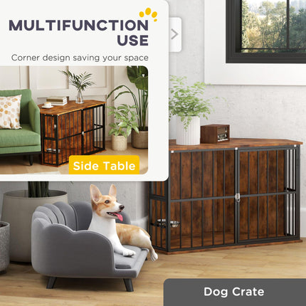 Corner Dog Crate Furniture with Lockable Doors and 2 Bowls for Small Medium Dogs - Rustic Brown