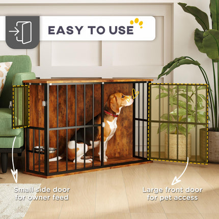 Corner Dog Crate Furniture with Lockable Doors and 2 Bowls for Small Medium Dogs - Rustic Brown
