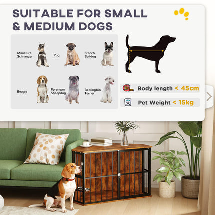 Corner Dog Crate Furniture with Lockable Doors and 2 Bowls for Small Medium Dogs - Rustic Brown