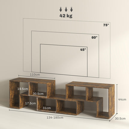 Extendable TV Stand for TVs up to 75 Inches with Storage Shelves, Modular Entertainment Unit - Rustic Brown