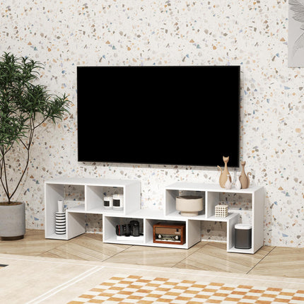 Extendable TV Stand for TVs up to 75 Inches with Storage Shelves - White Wood Grain