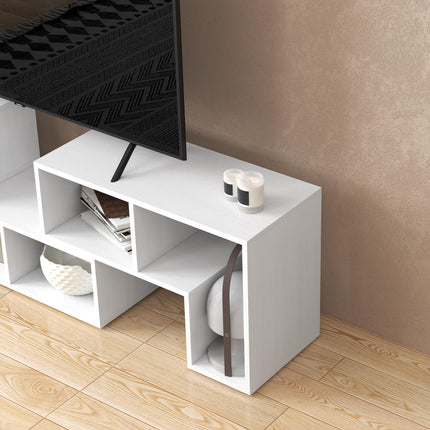 Extendable TV Stand for TVs up to 75 Inches with Storage Shelves - White Wood Grain