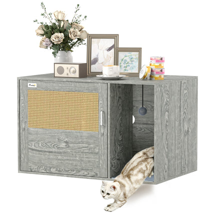 Cat Litter Box Enclosure with Rattan Door, Scratching Mat, Toy Ball, Non-Slip