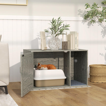 Cat Litter Box Enclosure with Rattan Door, Scratching Mat, Toy Ball, Non-Slip