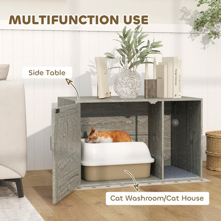 Cat Litter Box Enclosure with Rattan Door, Scratching Mat, Toy Ball, Non-Slip