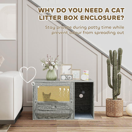 Cat Litter Box Enclosure with Rattan Door, Scratching Mat, Toy Ball, Non-Slip