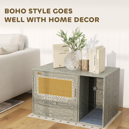 Cat Litter Box Enclosure with Rattan Door, Scratching Mat, Toy Ball, Non-Slip