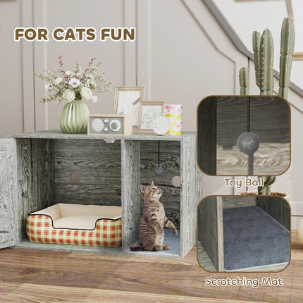 Cat Litter Box Enclosure with Rattan Door, Scratching Mat, Toy Ball, Non-Slip