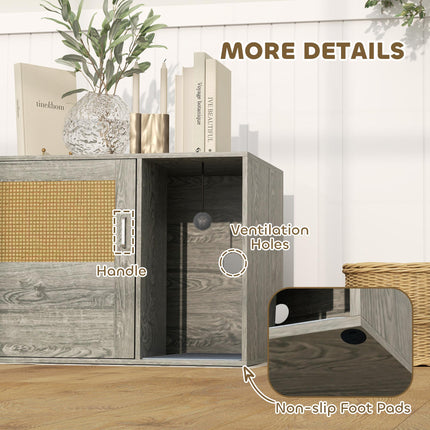 Cat Litter Box Enclosure with Rattan Door, Scratching Mat, Toy Ball, Non-Slip