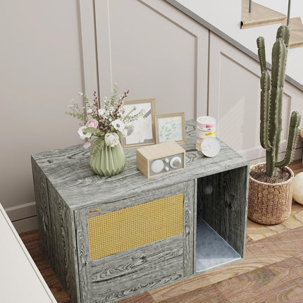 Cat Litter Box Enclosure with Rattan Door, Scratching Mat, Toy Ball, Non-Slip